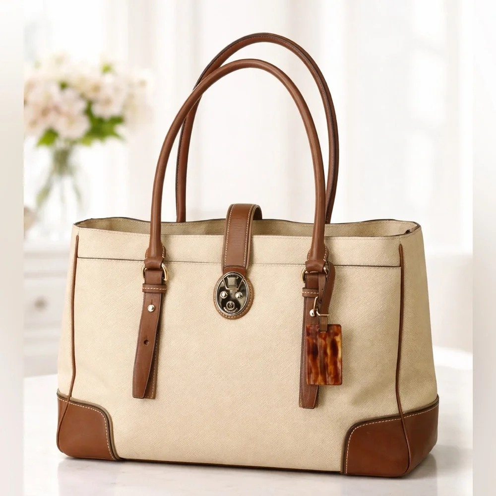 Tumi Voyageur Bailey Business Tote Shoulder Bag Leather Tan Brown Work Travel